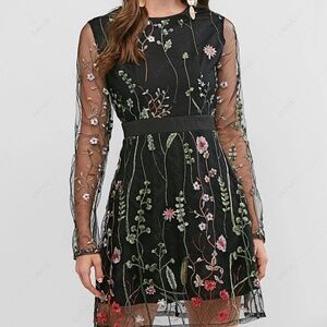 CBR Floral Embroidered Sheer Mesh Long Sleeve Dress Black L